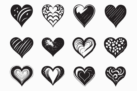 Collection of 12 hand-drawn, rustic marker-style hearts on a white background. Perfect for adding a touch of charm to your graphic designs. Vector illustration