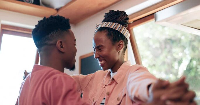 Kitchen, holding hands and happy black couple hug, affection and smile for marriage, love or partner trust. Home, bond and laughing woman, man or African people embrace with romance, care and support