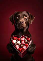Funny photo of a brown chocolate Labrador Retriever dog holding a box of candy in a heart-shaped...