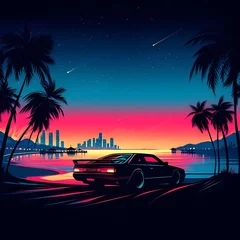 Deurstickers beach at night. Night Beach Illustrations. Palmy Island. palm trees silhouette. Car At Miami Beach. GTA V Miami Beach. Miami Art. Generative AI.   © Shahzil
