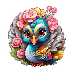 Sticker isolated cute cartoon peacock on nature background. Transparent background. Generative AI