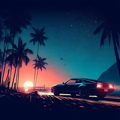 Tuinposter beach at night. Night Beach Illustrations. Palmy Island. palm trees silhouette. Car At Miami Beach. GTA V Miami Beach. Miami Art. Generative AI.   © Shahzil
