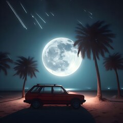 beach at night. Night Beach Illustrations. Palmy Island. palm trees silhouette. Car At Miami Beach. GTA V Miami Beach. Miami Art. Generative AI.	
