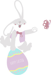 happy easter with bunny rabbit and egg, flat png transparent cartoon character design
