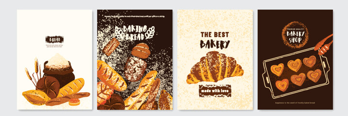 Bread poster background set vector illustration with bakery products - obrazy, fototapety, plakaty