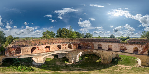 full seamless spherical hdri 360 panorama over ruined abandoned church with arches without roof in...