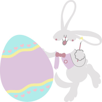 happy easter with bunny rabbit holding paintbrush and egg, flat png transparent cartoon character design