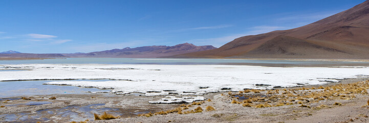 Bolivia, Avaroa National Park. Panorama of the salt lake.