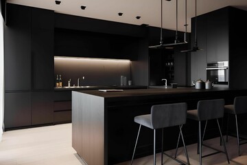 Sleek and modern, dark black kitchen exudes industrial edge © Wirestock