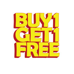 Buy 1 Get 1 Free, Sale Vector 3D banner design template with yellow text on a white background motion graphics. EPS Editable File.