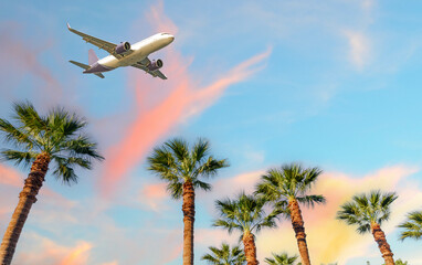 Fototapeta premium Airplane over palm trees against pastel sky, tourism concept with with space for text