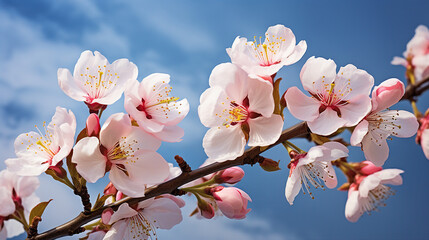 Almond Blossoms in Full Splendor Against Blue Sky Background