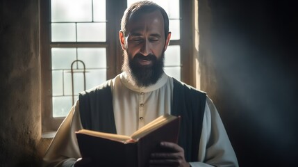 Orthodox priest in traditional robe holds open Bible standing in cell window sunlight. Christian monk prays with book in spiritual retreat. Churchman inspires reading Holy Scripture in chamber - obrazy, fototapety, plakaty