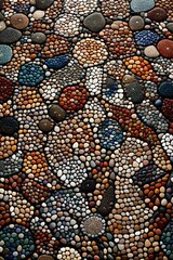 "Create a mesmerizing abstract composition with pebble mosaic, where vibrant colors blend seamlessly into intricate patterns. 