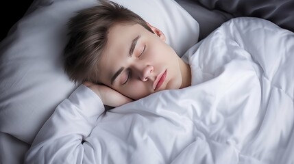 Caucasian man sleeps under warm plaid on soft bed at home closeup. Handsome black guy dreams lying on pillows in cozy bedroom. Young man naps comfortably in semi dark hotel room