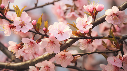 Blooming Peach Tree with Delicate Pink Flowers Background