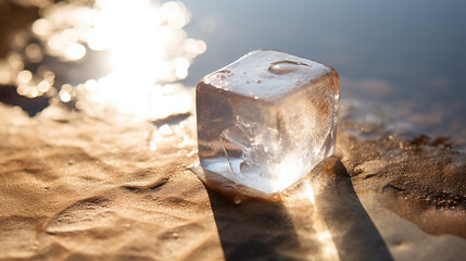 ice cube left melting on the sun near water