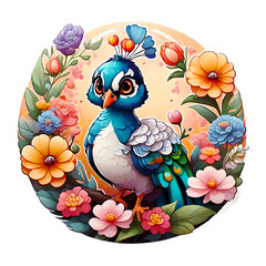 Sticker isolated cute cartoon peacock on nature background. Transparent background. Generative AI