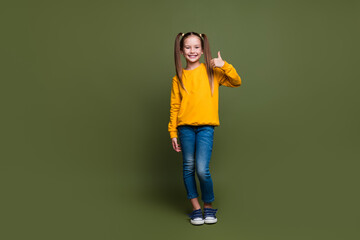 Full size photo of cheerful smart schoolgirl with ponytails wear yellow pullover showing thumb up...