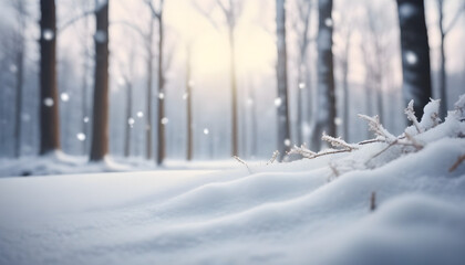 Winter background of snow and blurred forest