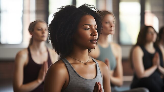 Tranquil woman meditates with group during yoga session. Quite sporty people contemplate mind and relax sitting in lotus poses in class. Physical and mental recreation with mindfulness