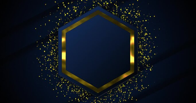 Abstract navy blue background with luxury golden elements. Golden hexagon ring over golden dust particle seamless loop motion gradient background.