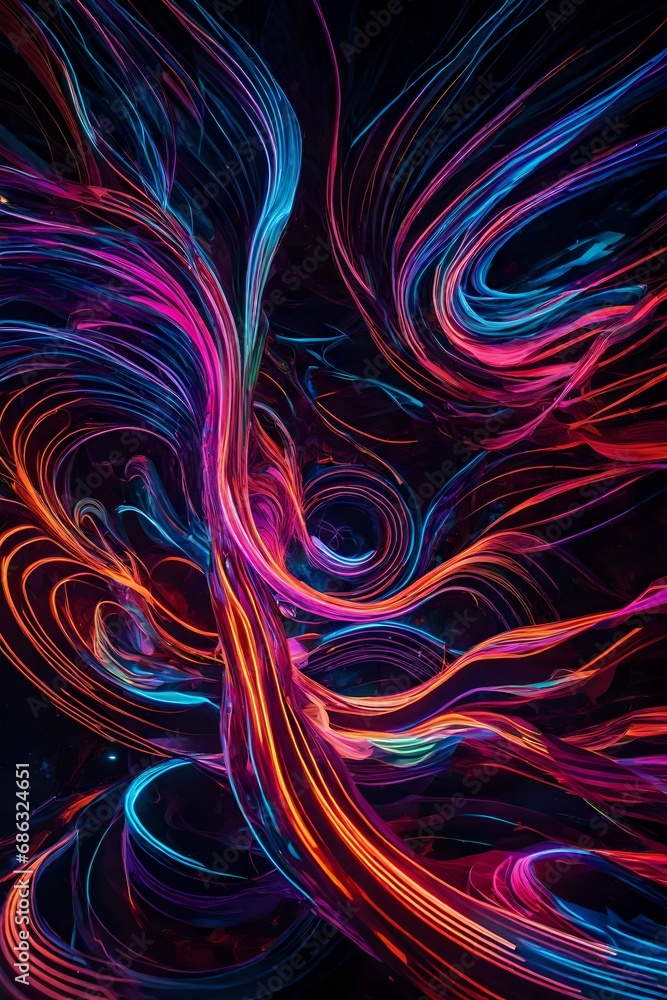 Poster an abstract symphony of neon hues dancing in fluid harmony, creating an electrifying and immersive v