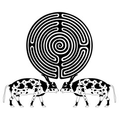 Two ancient Egyptian cows holding a round spiral maze or labyrinth symbol. Creative concept. Black and white silhouette.