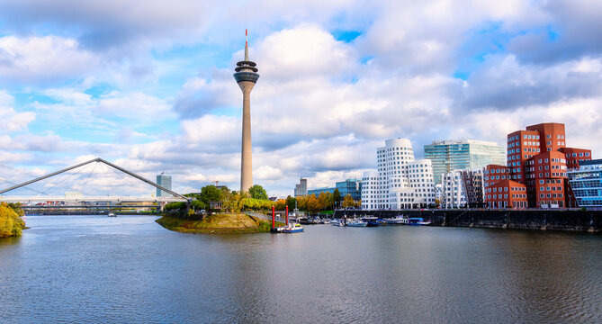 Gehry buildings, tower and bridge in Düsseldorf media harbour, Germany