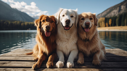 Three dogs a golden retriever sit on a wooden dock by a calm lake looking at the camera with...