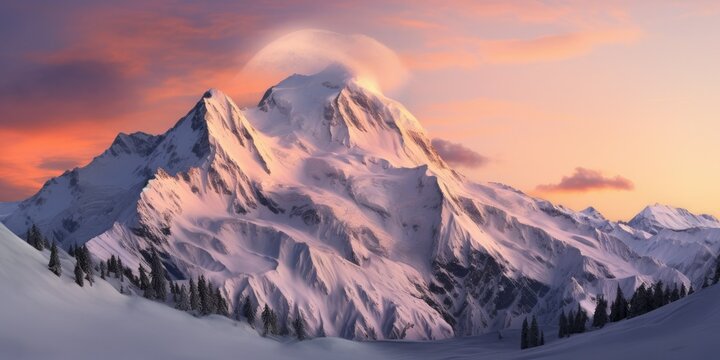 Majestic winter sunrise in the mountains - Nature's golden spectacle - Soft, warm light painting the snowy peaks, creating a breathtaking scene of tranquility and beauty in the cold morning