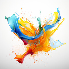 Fondo abstracto de salpicadura de pintura liquida de tonos azules y naranjas, sobre fondo de color blanco