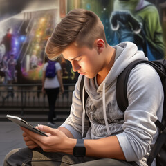 Urban Connectivity: A Young Student Engaged in Using a Phone in the City - Capturing the Modern Lifestyle of Seamless Connectivity and Digital Engagement Amidst the Urban Landscape