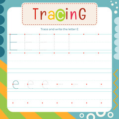 Handwriting practice letter E uppercase and lowercase. Tracing and writing practice square flash card. Developing writing skills. Lined worksheet for kids textbook. Vector illustration.