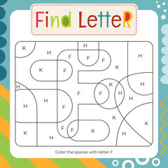 Coloring page for Letter Tracing Book. Color by letter F. Flash card for toddler and teacher. Vector printable page for Activity book
