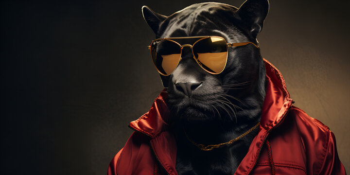 The image of a black panther dressed in a suit with leather jacket and glasses. Animal Enchantments Classic Costumes. Generative AI
