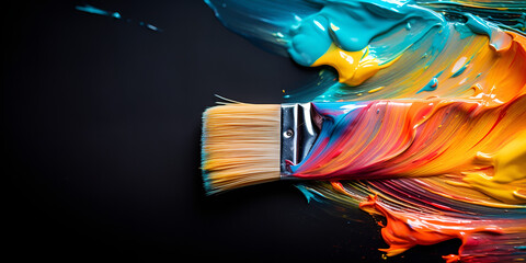 Paint brush with colorful paint splashes on dark background.  paintbrush with a paint brush on it is laying on a colorful surface. Generative AI