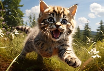 Naklejka na ściany i meble Playful kitten jumping in a field at sunset: close-up of cat's joy and beauty in nature