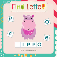Word activities for Letter Tracing Book. Kids game Find letter – Write missing letter for H – Hippo. Flash card for toddler and teacher. Vector printable page for Activity book