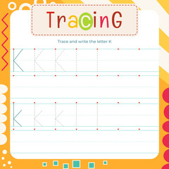Handwriting and tracing practice for letter K uppercase and lowercase. Tracing practice page square flash card. Developing writing skills. Lined worksheet for kids workbook. Vector illustration.