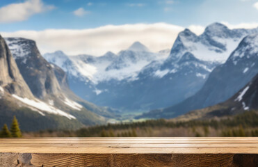 Empty brown wooden board in front of defocused mountain landscape, can be used for product placement