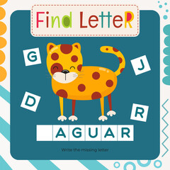Word activities for Letter Tracing Book. Kids game Find letter – Write missing letter for J – Jaguar. Flash card for toddler and teacher. Vector printable page for Activity book