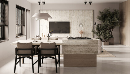 Sophisticated kitchen interior with stone island and designer chairs, modern home 3d render