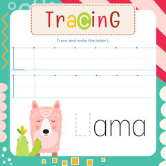 Letter Tracing Flash Card. Writing Letter L uppercase and lowercase, trace L in word Llama.  Worksheet to teach kids handwriting practice. Vector lined page for textbook