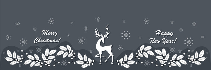 Fototapeta na wymiar Christmas deer. Winter holly branches with berries and snowflakes on a gray horizontal background. 