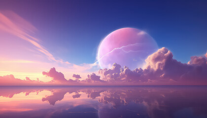 Naklejka premium fantasy background with glowing neon pink ring and white cloud over water with abstract seascape