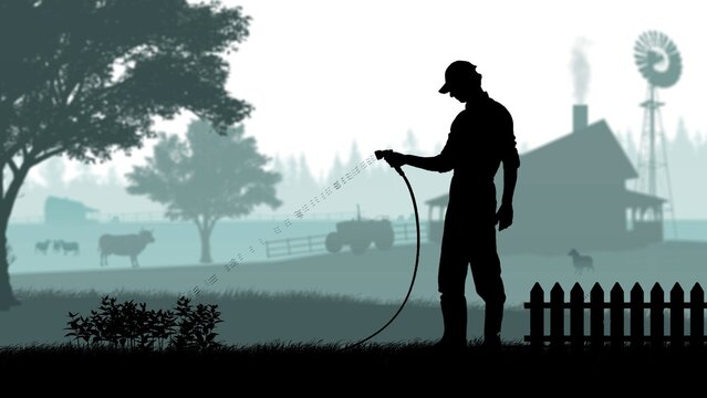 Portrait of gardener on graphic background with farm house and trees, isolated with alpha channel. Black silhouette of man farmer holding hose watering plants.