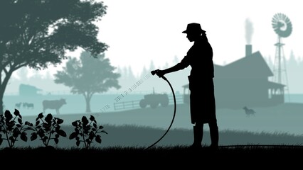 Portrait of gardener on graphic background with farm house and trees, isolated with alpha channel. Black silhouette of woman farmer holding hose watering plants.