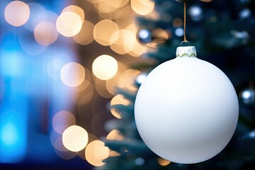 Mock up with white Christmas tree decoration on bokeh light background, copy space