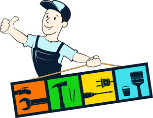 Cheerful handyman and repair tool. Design for repair and service